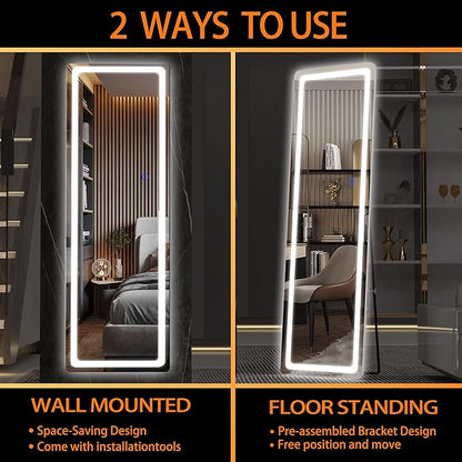 Hasipu Full Length Mirror with Lights, 56" x 20" LED Floor, Full Body Dressing Standing, Hanging Mounted Mirror, Round White