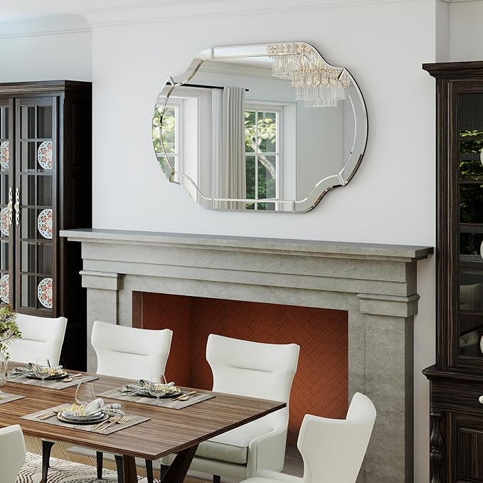 Large Mirror for Wall Decor, 40"x28" Decorative Living Room Mirrors with Scalloped Corner, Beveled Bathroom Mmirror for Entryway, Dining Room, Mantel, Hang Horizontally or Vertically