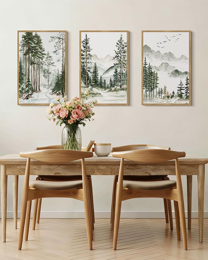 Drsoum Green Tree Forest Framed Wall Art Watercolor Nature Mountain Landscape Prints Morden Wilderness Artwork Bedroom Ready to Hang 16x24in Natural Framed