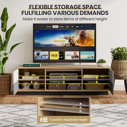 Tangkula Modern TV Stand for up to 60” TVs, 55”L Minimalist Entertainment Center w/ 2 Doors & Open Shelves, 2 Cable Holes, Media Console Table Storage Cabinet for Living Room (Natural, 55”L)