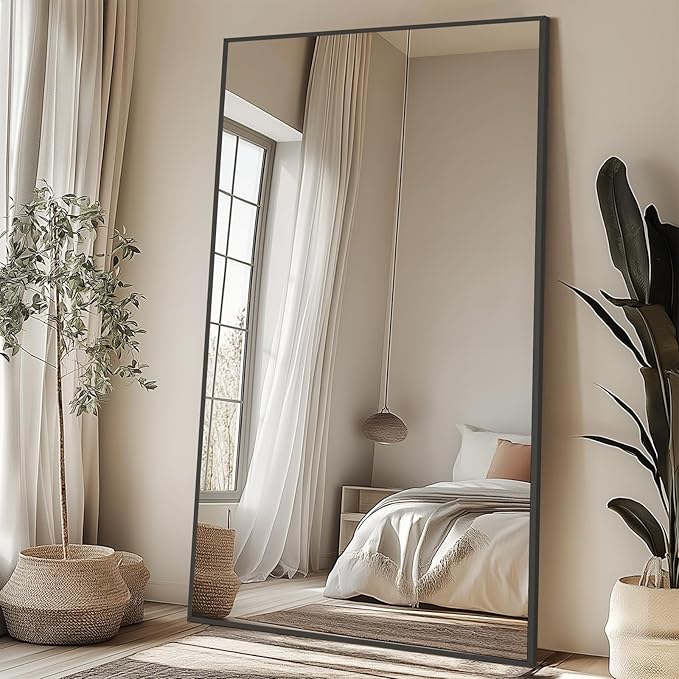 82"X44" Oversized Floor Mirror Full Length, Extra Large Standing Mirror for Gym Bedroom Living Room Clothing Store, Tempered Glass Black Full Length Body Mirror, Hanging or Wall Mounted