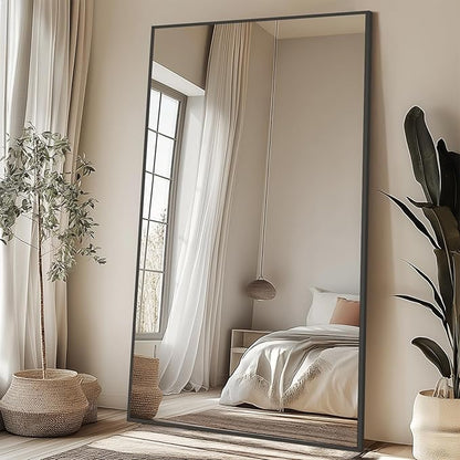 82"X44" Oversized Floor Mirror Full Length, Extra Large Standing Mirror for Gym Bedroom Living Room Clothing Store, Tempered Glass Black Full Length Body Mirror, Hanging or Wall Mounted