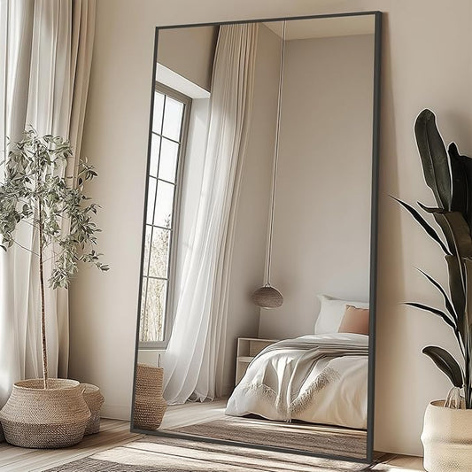 82"X44" Oversized Floor Mirror Full Length, Extra Large Standing Mirror for Gym Bedroom Living Room Clothing Store, Tempered Glass Black Full Length Body Mirror, Hanging or Wall Mounted