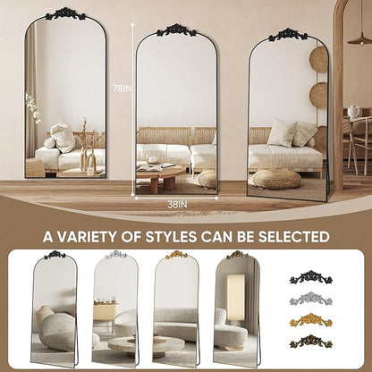 Antok Arched Full Length Mirror, 78"x38" Floor Mirror with Carved, Full Body Mirrors for HomeDecor, Standing/Halling Large Wall Mirror for Bedroom, Living Room, Cloakroom, Black, Retro Style