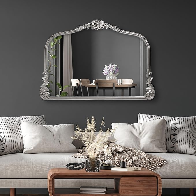 Wylde Iris English Estate Carved Arch Wood Wall Mirror, Mirror for Entryway, Living Room, Bathroom, Antique Silver, 26x37