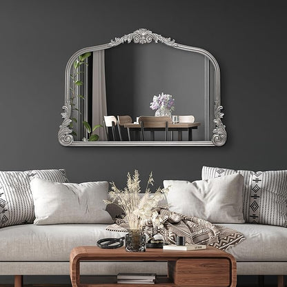 Wylde Iris English Estate Carved Arch Wood Wall Mirror, Mirror for Entryway, Living Room, Bathroom, Antique Silver, 26x37