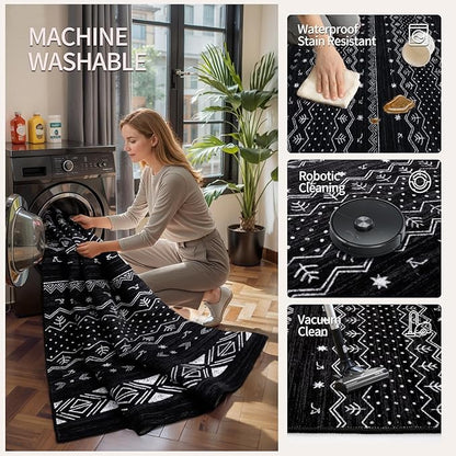 SERISSA Hallway Runner Rug, 2'6"x12' Washable Non-Slip Black and White Runners for Hallways, Soft Low-Pile Boho Geometric Indoor Long Carpet for Kitchen Entryway Laundry Bedroom Bathroom