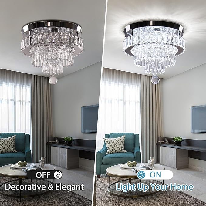 Chandelier 11.8" Modern Crystal Chandeliers Crystal Light Fixtures Flush Mount Chandelier Ceiling Light Chandeliers for Bedrooms Living Room Dining Room Hallway (Cool White)