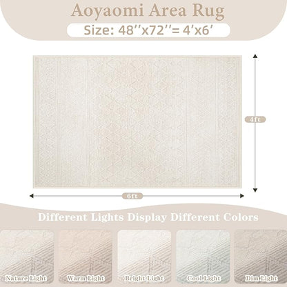 Area Rug 4x6 Geometric Rug: Washable Boho Moroccan Rugs Soft Farmhouse Rug, Modern Neutral Stain Resistant Indoor Floor Carpet for Livingroom Bedroom Dining Table Nursery(Modern Beige,4'x6')