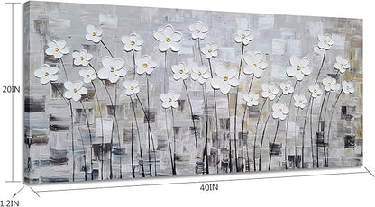 YHSKY ARTS Flower Picture Wall Decor with Heavy Textured Modern Grey and White 3D Paintings Contemporary Aesthetic Artwork for Living Room Bedroom Bathroom Decor