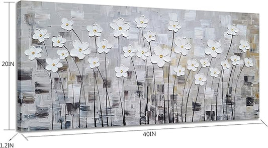 YHSKY ARTS Flower Picture Wall Decor with Heavy Textured Modern Grey and White 3D Paintings Contemporary Aesthetic Artwork for Living Room Bedroom Bathroom Decor