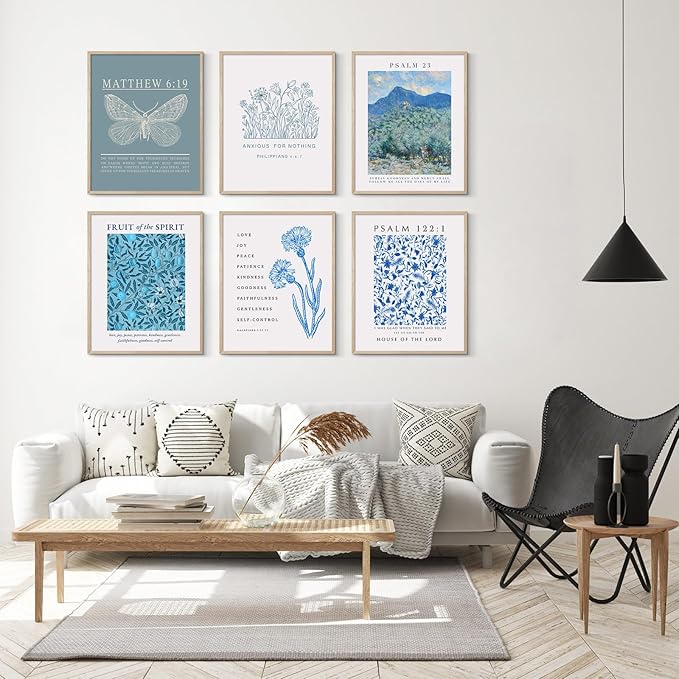 Habseligkeit Blue Butterfly Wall Art Prints, Retro Flower Wall Decors for Room Aesthtic, Abstract Posters for Girls Bedroom Decor Aesthetic Unframed, 8X10in, Set of 6