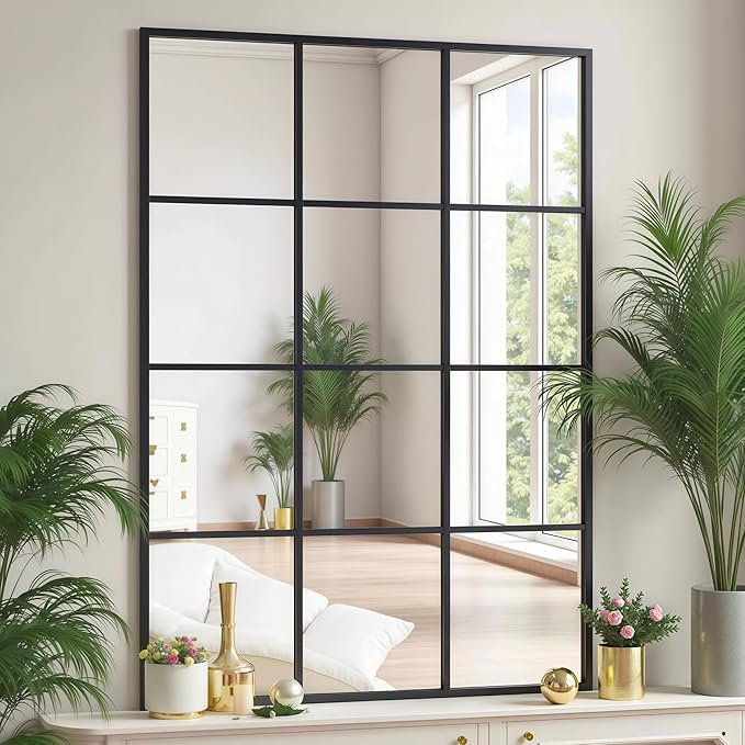 Dewfig Rectangle Window Mirror Wall Mounted, 30"x47"in Window Pane Mirror Wall Decor Metal Framed, Large Black Mirrors for Bedroom Living Room Fireplace Entryway Hanging or Leaning Against Wall,Black