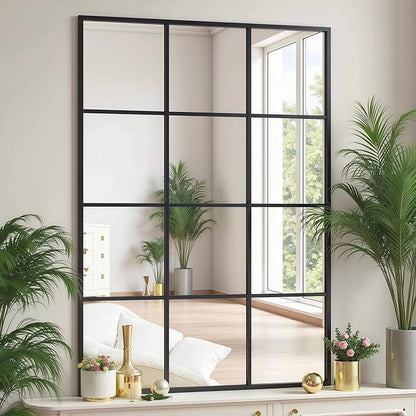 Dewfig Rectangle Window Mirror Wall Mounted, 30"x47"in Window Pane Mirror Wall Decor Metal Framed, Large Black Mirrors for Bedroom Living Room Fireplace Entryway Hanging or Leaning Against Wall,Black