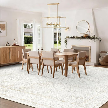 10x14 Area Rugs for Living Room: Washable Large Vintage Floral Rug Low Pile Non-Slip Boho Carpet for Bedroom Home Office Dining Room (FloralBeige, 10'x14')