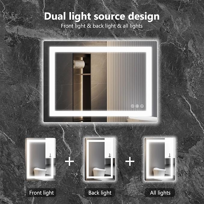 Sweetcrispy 36"x36" Smart Anti-Fog LED Bathroom Mirror with Lights and 3 Color Temperatures, Dimmable, Memory Function, Rectangle Modern Vanity Mirror