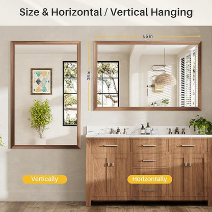 55x36 Inch Bathroom Mirror for Wall, Anti-Rust Walnut Wood Grain Metal Framed Bathroom Mirrors for Over Sink,Rectangler Mirrors for Bathroom Vanity, Farmhouse, Bedroom, Living Room, Entryway Decor