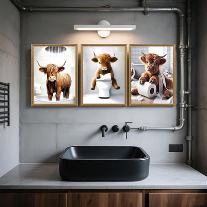 FYLDPSB 3Pcs Framed Little Highland Cow Bathroom Canvas Wall Art, Funny Signs Animal Wall Decor, Rustic Cute Poster Prints for Bathroom Restroom Decor 24''L x 16''W