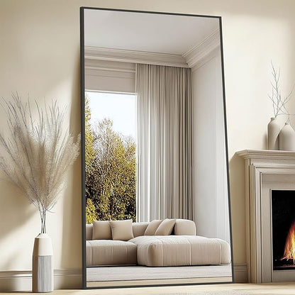 82"X44" Oversized Floor Mirror Full Length, Extra Large Standing Mirror for Gym Bedroom Living Room Clothing Store, Tempered Glass Black Full Length Body Mirror, Hanging or Wall Mounted