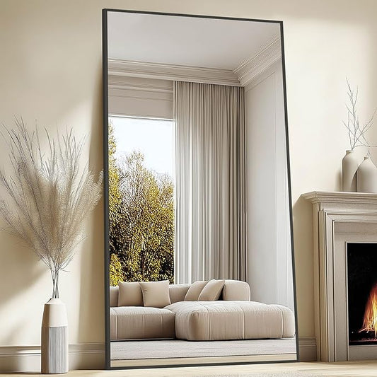 82"X44" Oversized Floor Mirror Full Length, Extra Large Standing Mirror for Gym Bedroom Living Room Clothing Store, Tempered Glass Black Full Length Body Mirror, Hanging or Wall Mounted