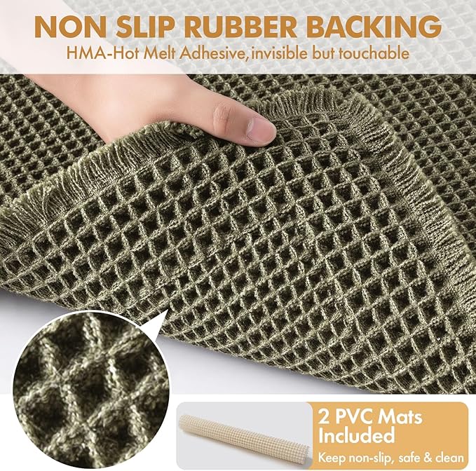 MIULEE Set of 2 Waffle Bathroom Rugs, Boho Bath Rug Super Absorbent, Non Slip Washable Ultra Soft Rubber Backed Shower Bath Mats for Floor, Tub, Shower, Bordered Design, Green, 18x30 Inch