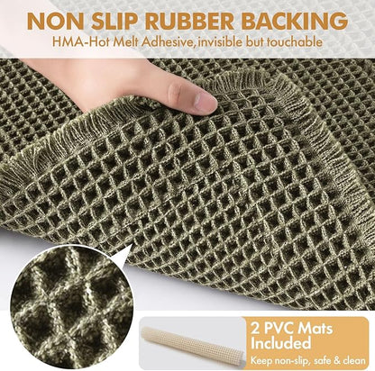 MIULEE Set of 2 Waffle Bathroom Rugs, Boho Bath Rug Super Absorbent, Non Slip Washable Ultra Soft Rubber Backed Shower Bath Mats for Floor, Tub, Shower, Bordered Design, Green, 18x30 Inch