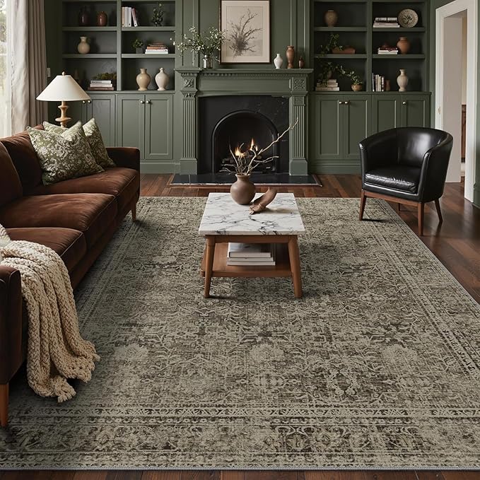 6x9 Area Rug Machine Washable Boho Rug for Living Room,Ultra-Thin Low Pile Carpet,Lightweight Indoor Printed Rug,Non Slip Floral Area Rug for Bedroom, Dining Room, Home Office,Vintage Sage Green