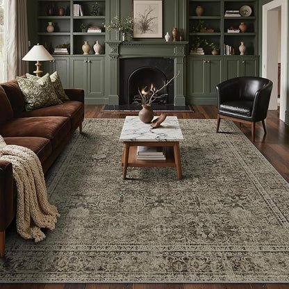 6x9 Area Rug Machine Washable Boho Rug for Living Room,Ultra-Thin Low Pile Carpet,Lightweight Indoor Printed Rug,Non Slip Floral Area Rug for Bedroom, Dining Room, Home Office,Vintage Sage Green