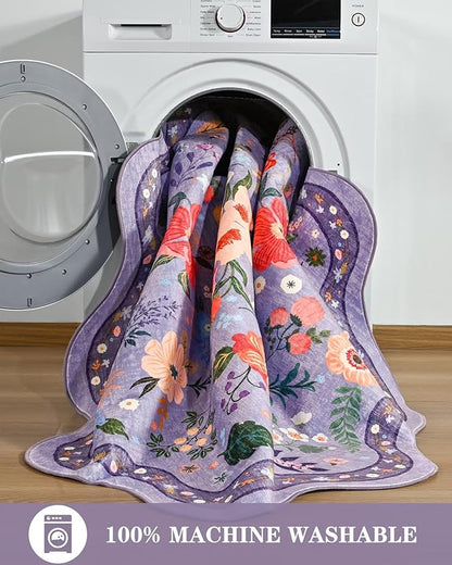 Macgace Purple Round Rug for Girls Bedroom, 4ft Machine Washable Floral Area Rugs with Non Slip Backing, Cute Flower Carpet Kitchen Living Room Kids Playroom Decor