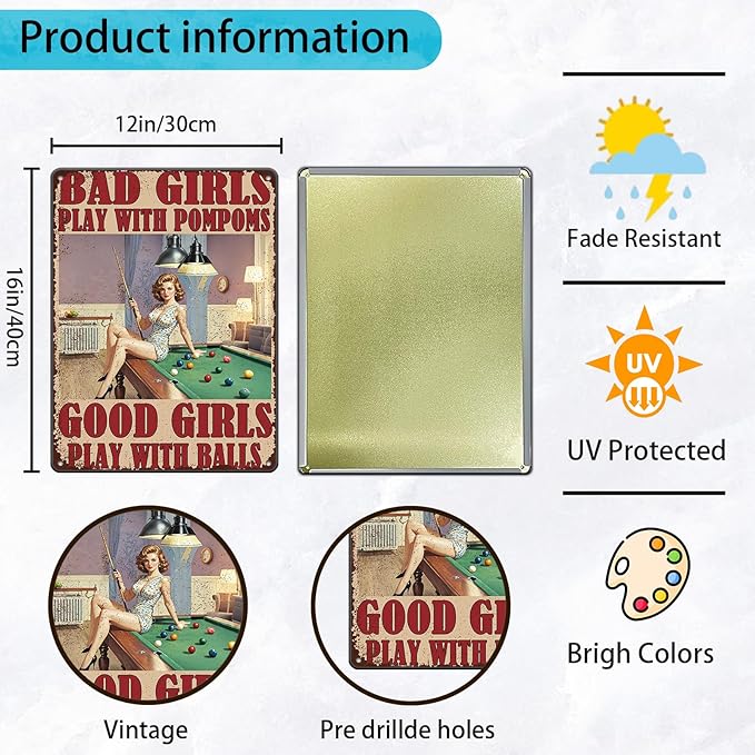 Pompoms vs Balls Hilarious Vintage Tin Metal Sign Bad Girls Play With Pompoms Decorative Poster Wall Art Decoration For Home Bar Club Coffee shop Sign 12x16 Inch