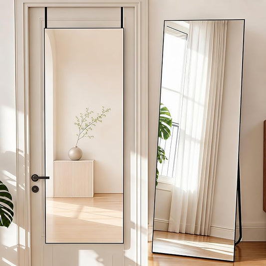 NARCISSUS 57x20 Mirror Door Hanging Full Length Body with Floor Stand or Wall Mounted Metal Aluminum Frame Tempered Glass Rectangle Mirrors for Bedroom Dressing Living Room Bathroom 57 inch Black