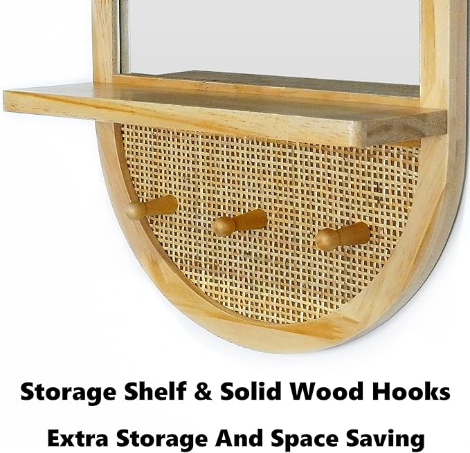Wood Wall Mirror with Hooks, 30x18 Inch Boho Wall Mirror with Removable Shelf, Oval Solid Wood Framed, Handmade Rattan Mirror Decor Accent for Entryway, Bathroom, Nursery, Bedroom, Living Room
