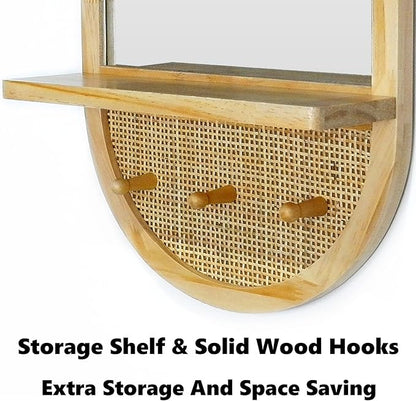 Wood Wall Mirror with Hooks, 30x18 Inch Boho Wall Mirror with Removable Shelf, Oval Solid Wood Framed, Handmade Rattan Mirror Decor Accent for Entryway, Bathroom, Nursery, Bedroom, Living Room