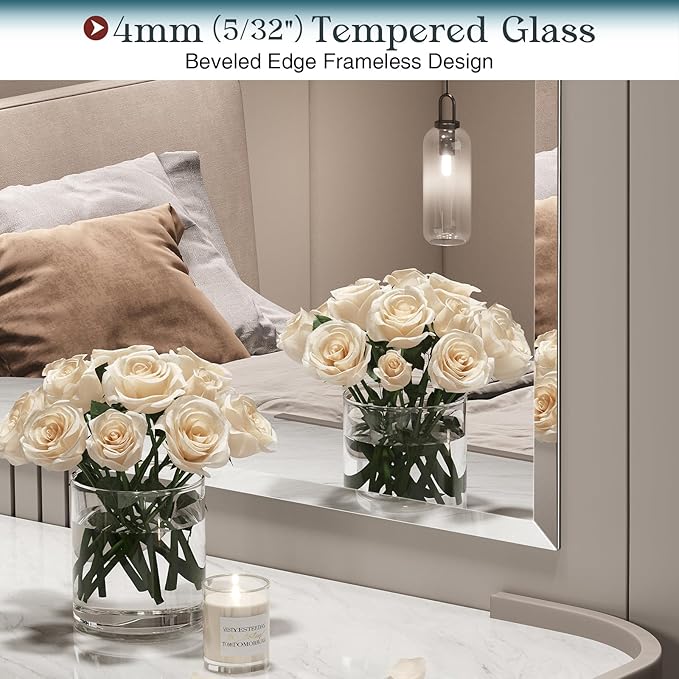 Frameless Bathroom Mirror, 30"x36" Beveled Bathroom Mirror for Vanity, Wall Mount Mirrors for Bedroom Entryway Living Room Hangs Horizontally or Vertically