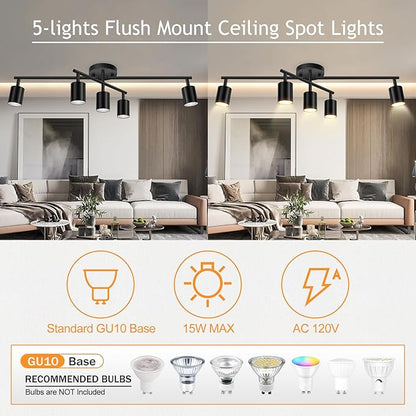 BoostArea 5 Light Track Lighting Kit, Black 5 Way Ceiling Spot Lighting, Center Swivel Track Light Heads, Flexibly Rotatable Light Head for Kitchen, Living Room, Bedroom, GU10 Bulb Not Included