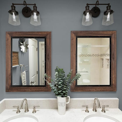 YOSHOOT Rustic Wooden Framed Wall Mirror, 26"x18", Natural Wood and Iron Bathroom Vanity Mirror for Farmhouse Decor, Vertical or Horizontal Hanging