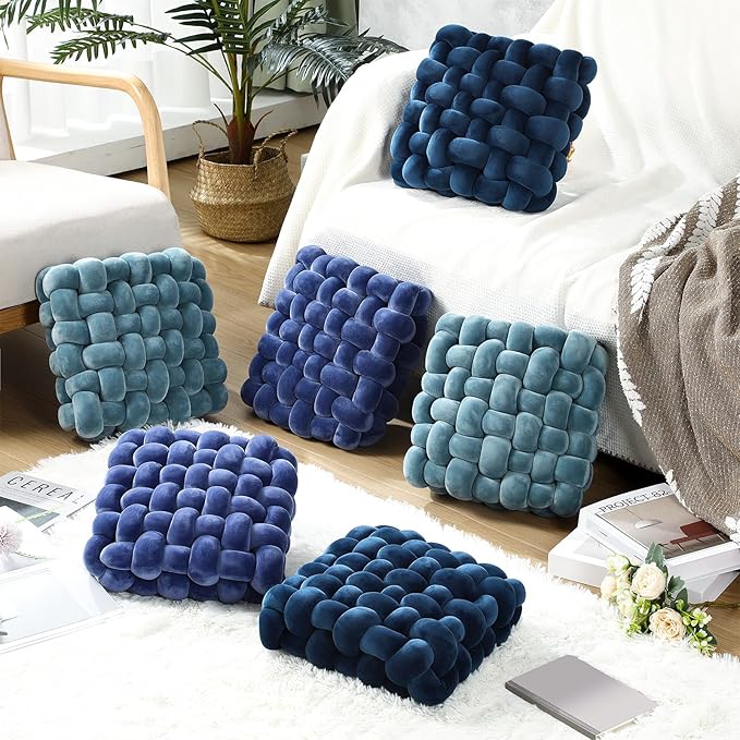 Wenqik 2 Pcs Knot Pillows Square Knotted Plush Throws Soft Accent Pillows Decoration Cushion for Couch Home Office Living Room Bedroom Bed Sofa Decor, 12'' x 13''(Haze Blue,Crystal Velvet)