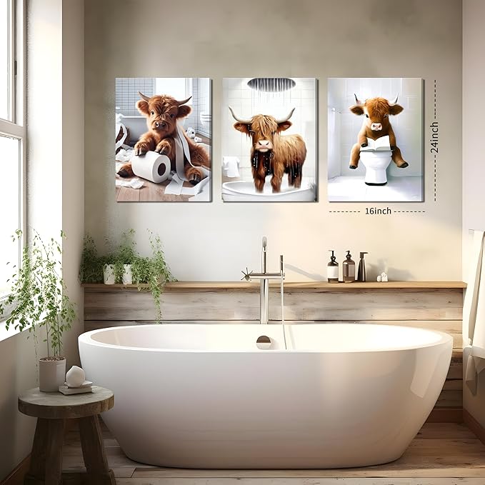 Funny Bathroom Highland Cow Wall Art, Brown Cute Cow Animal Canvas Posters Prints Set of 3, Vintage Rustic Farmhouse Home Pictures Wall Decor Painting for Bathroom Restroom Framed 16x24Inch