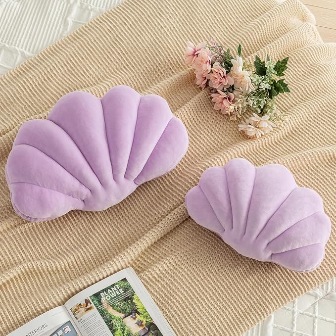 Shell Pillow, Shell Shaped Decorative Throw Pillows with Velet for Couch Bed, Cute Seashell Beachy Room Decor Aesthetic Throw Pillows for Bedroom Living Room(18x13 Inches, Lavender)