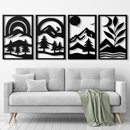 GALLERY GRACE Metal Wall Art Decor – 11" x 16" Set of 4 Abstract Landscape Panels for Living Room, Office, or Bedroom – Minimalist Single Line Black Wall Art with Mountains, Trees, and Sunrise