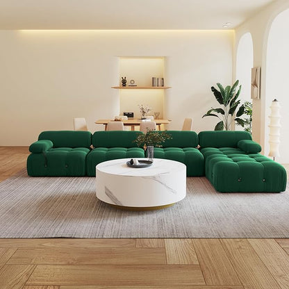 138'' Modular Sectional Couch, L-Shaped Velvet Sofa with Reversible Chaise Ottoman, Minimalist Bubble Couch, Modern Green Sectional Couches for Living Room, Apartment (4 Seats, 1 Ottoman, Green)