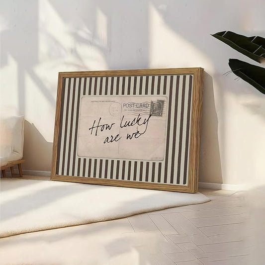 Framed How Lucky Are We Wall Art, Vintage Preppy Inspirational Canvas Wall Decor Painting, Funky Stripe Postcard Quote Poster Print Picture for Bedroom Dorm Apartment Decor 16x24 Inch