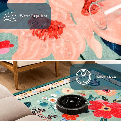 Macgace 4x6 Floral Rug for Girls Bedroom, Machine Washable Area Rugs with Non Slip Backingfor Living Room, Cute Flowers Carpet Kitchen Dining Room Kids Playroom Decor, Light Green