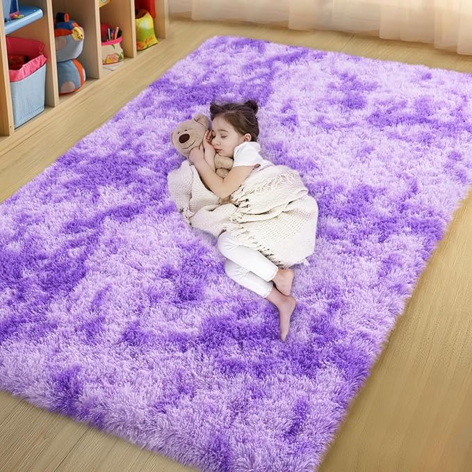 qulint 4x6 Area Rugs for Bedroom, Fluffy Soft Purple Rug for Kids Room Fuzzy Shag Small Carpet for Living Room, Plush Shaggy Alfombra for Boys and Girls Dorm Home Decor (4ft x 6ft, Tie-Dyed Purple)