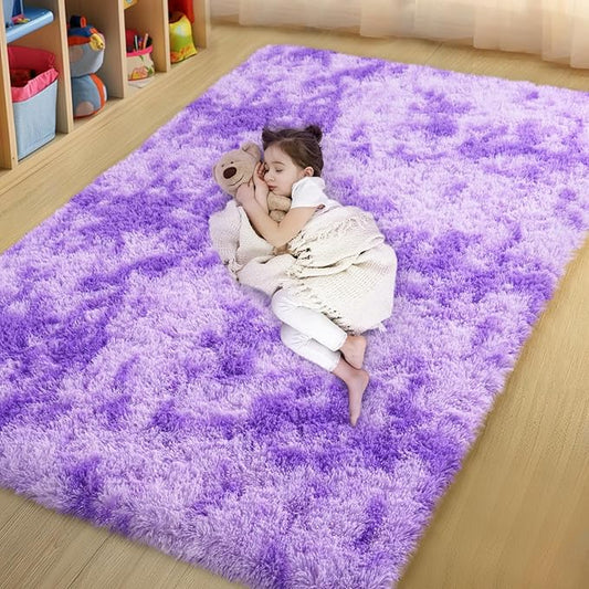 qulint 4x6 Area Rugs for Bedroom, Fluffy Soft Purple Rug for Kids Room Fuzzy Shag Small Carpet for Living Room, Plush Shaggy Alfombra for Boys and Girls Dorm Home Decor (4ft x 6ft, Tie-Dyed Purple)