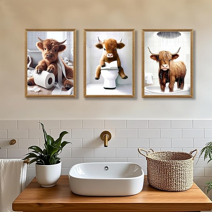 FYLDPSB 3Pcs Framed Little Highland Cow Bathroom Canvas Wall Art, Funny Signs Animal Wall Decor, Rustic Cute Poster Prints for Bathroom Restroom Decor 24''L x 16''W