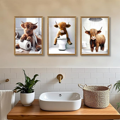 FYLDPSB 3Pcs Framed Little Highland Cow Bathroom Canvas Wall Art, Funny Signs Animal Wall Decor, Rustic Cute Poster Prints for Bathroom Restroom Decor 24''L x 16''W