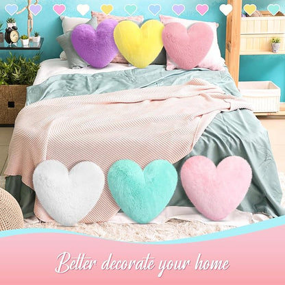 Liliful 6 Pcs Faux Rabbit Fur Heart Pillows Fluffy Heart Throw Pillows Cute Couch Cushion Soft Decorative Throw Cushion for Bed Sofa Girls Women(12 x 11 Inch,Light Color)