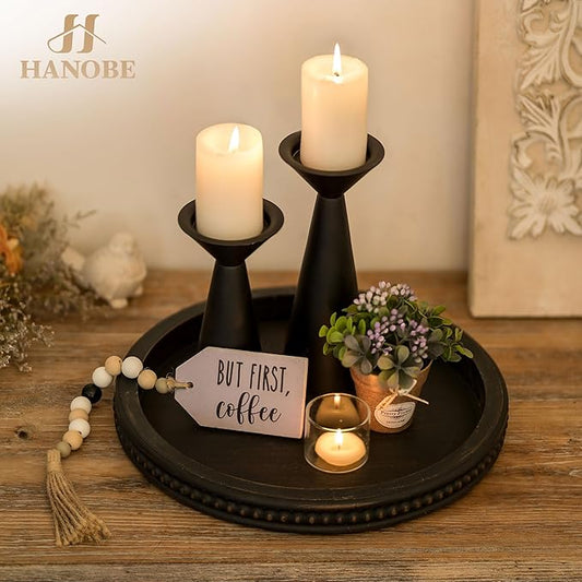 Hanobe Decorative Coffee Table Tray: Modern Farmhouse Beaded Round Tray Decor Rich Dark Brown Circle Wooden Ottoman Serving Platter for Centerpieces Kitchen Counter Bathroom