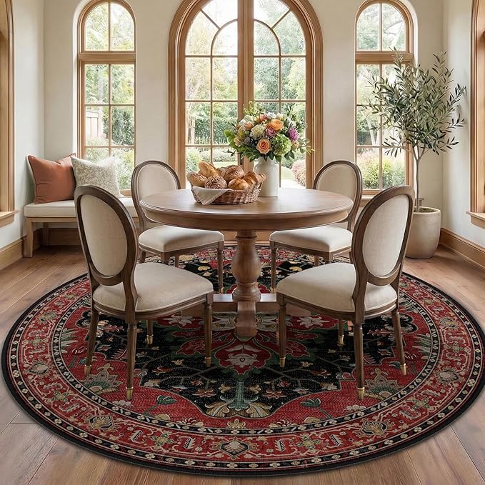 RELEANY Area Rugs Round 7ft Washable Non-Slip, Floral Vintage Distress Print Pattern Medallion Carpet for Living Room Bedroom Dining Room, Red Black